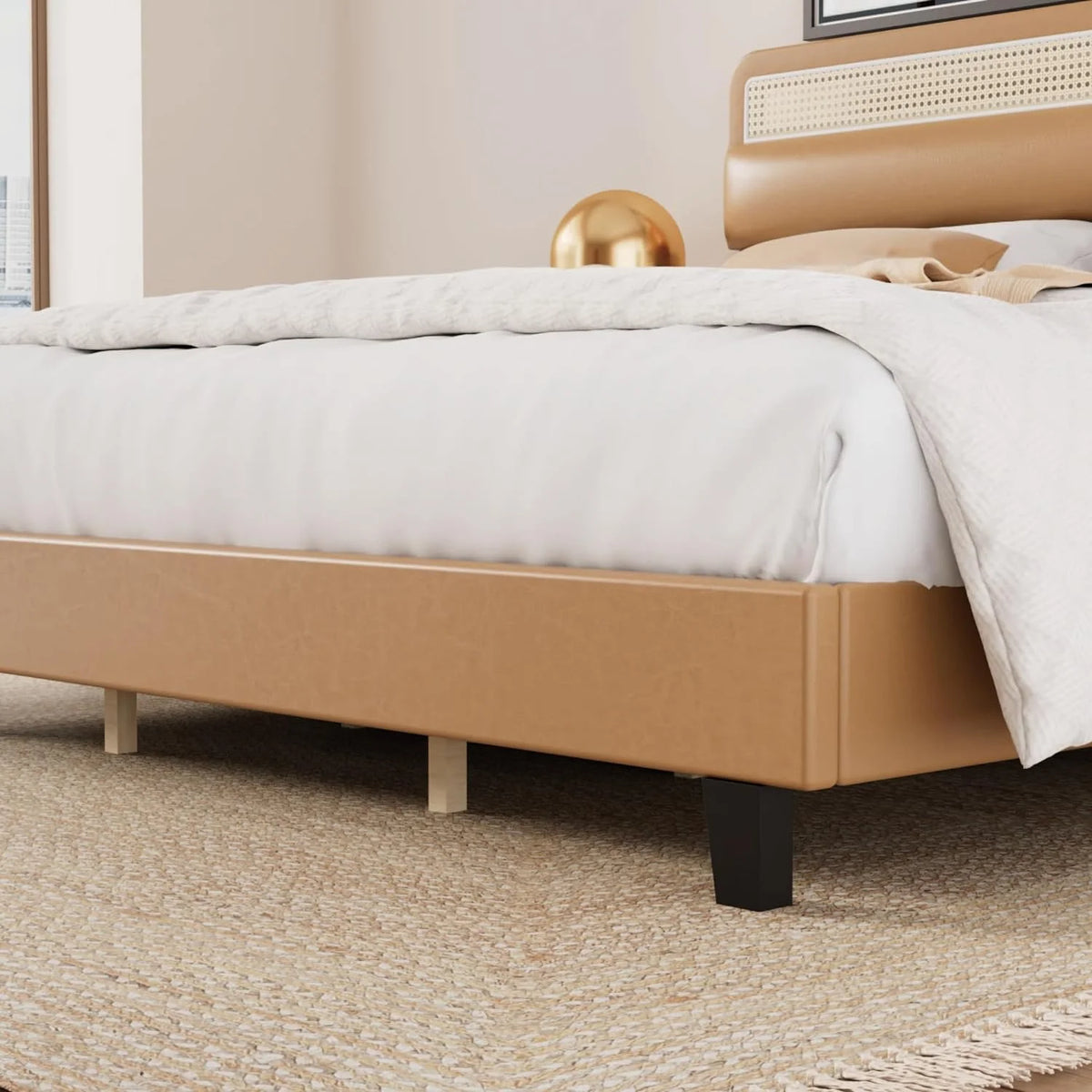 Full Size Upholstered Platform Bed Frame with Rattan Headboard O308