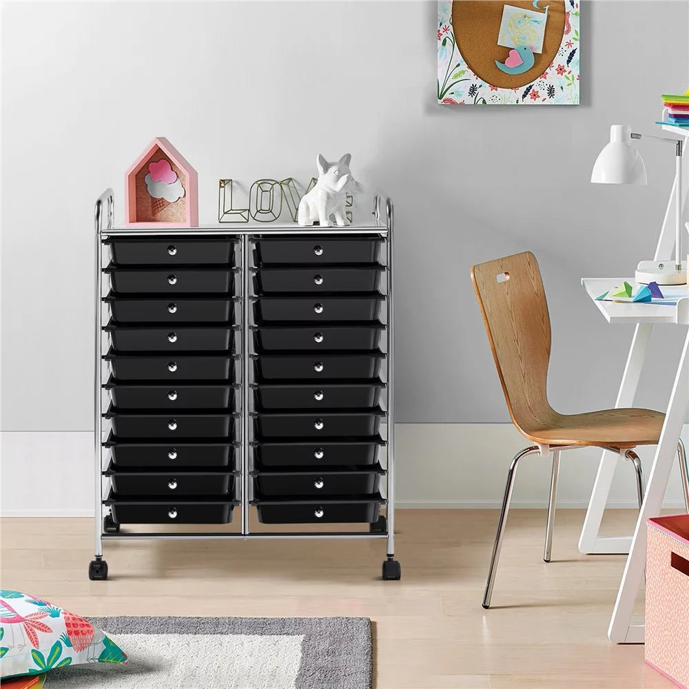 20 Drawers Metal Frame Storage Cart with Lockable Wheels, Black T72369