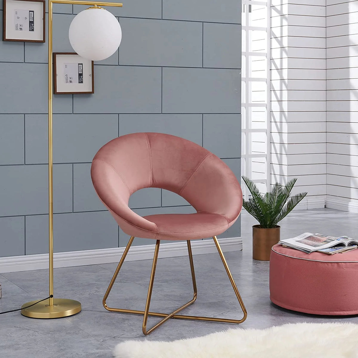 Pink Velvet Upholstered Arm Chair with Golden Metal Frame Legs X8014