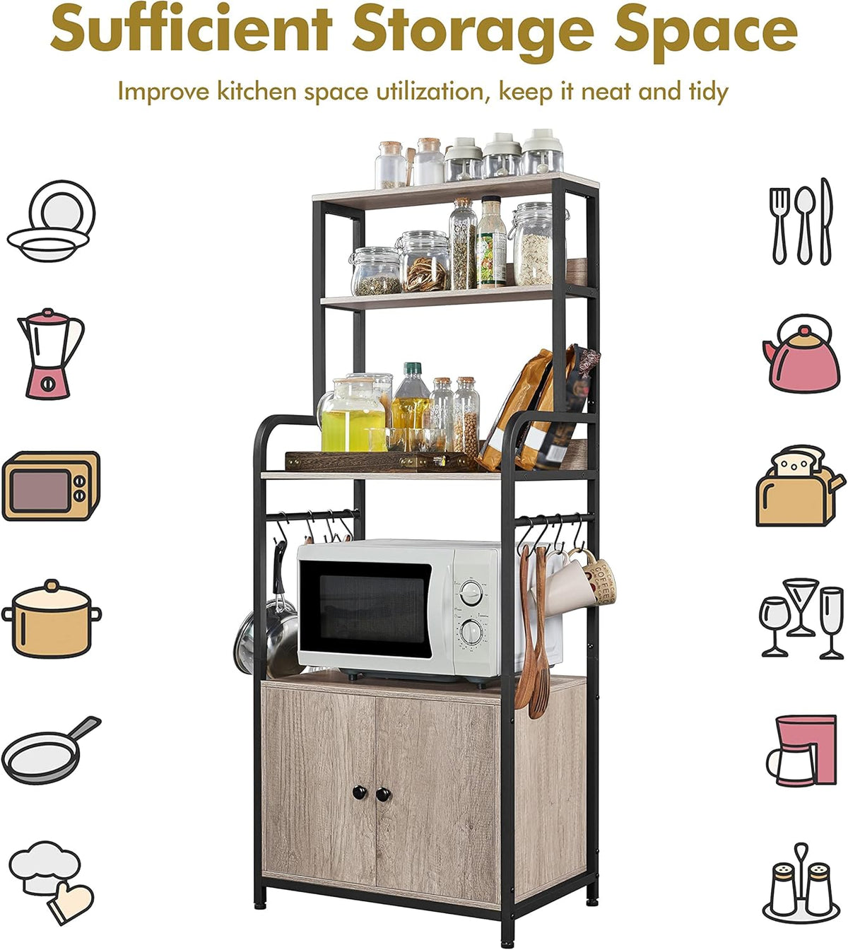 4-Tier Kitchen Bakers Rack with Storage Cabinet and Hutch X876