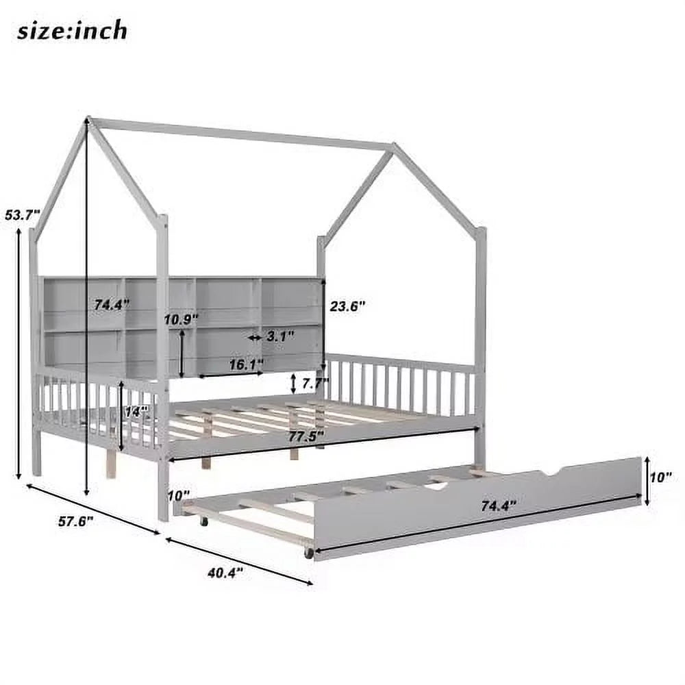 White Full Size Wood House Bed with Trundle and Shelves S670