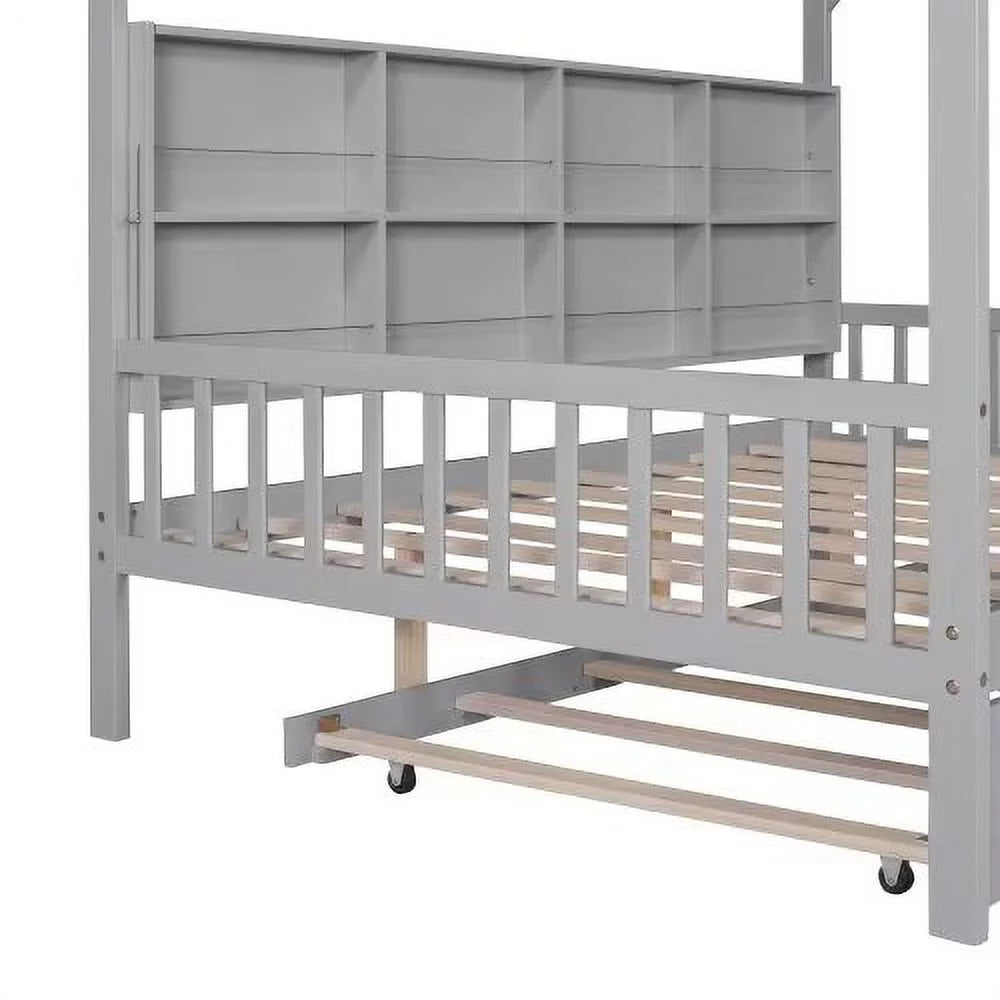 White Full Size Wood House Bed with Trundle and Shelves S670