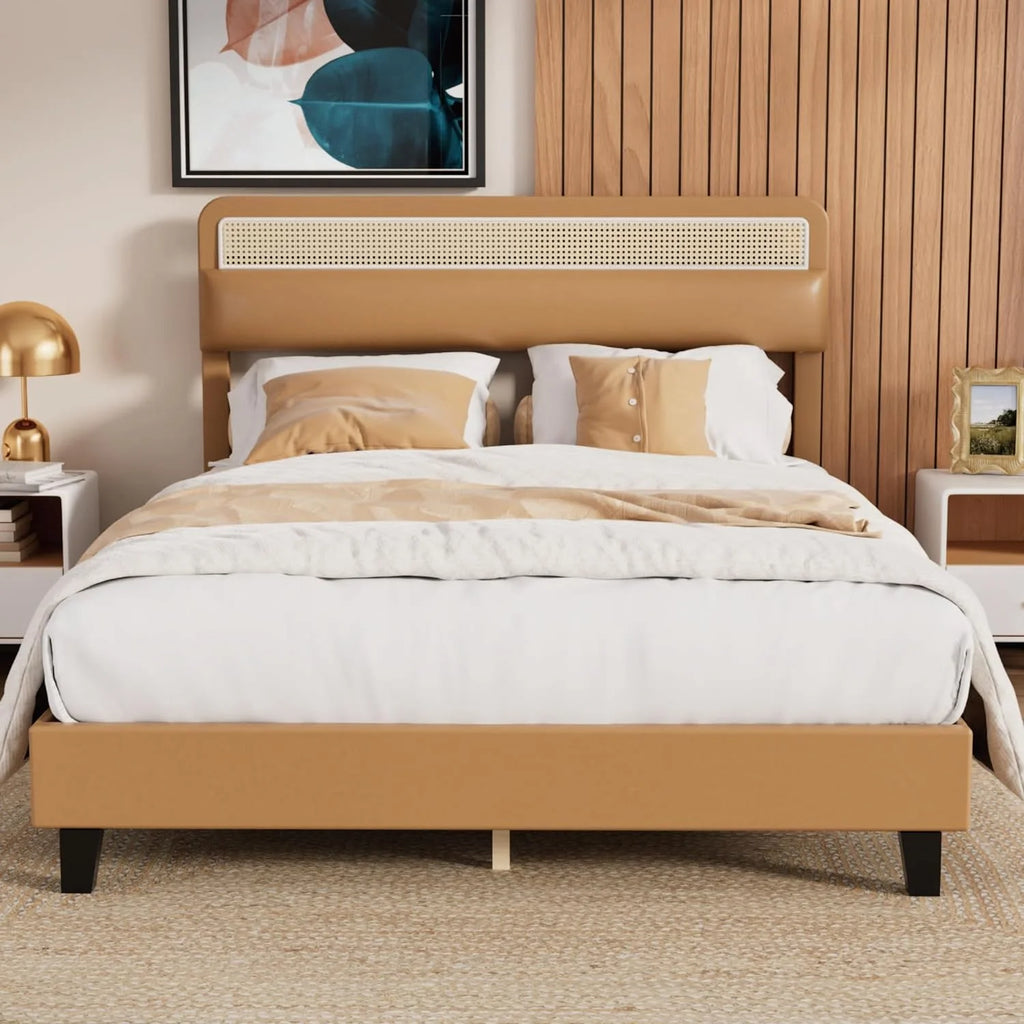 Full Size Upholstered Platform Bed Frame with Rattan Headboard O308
