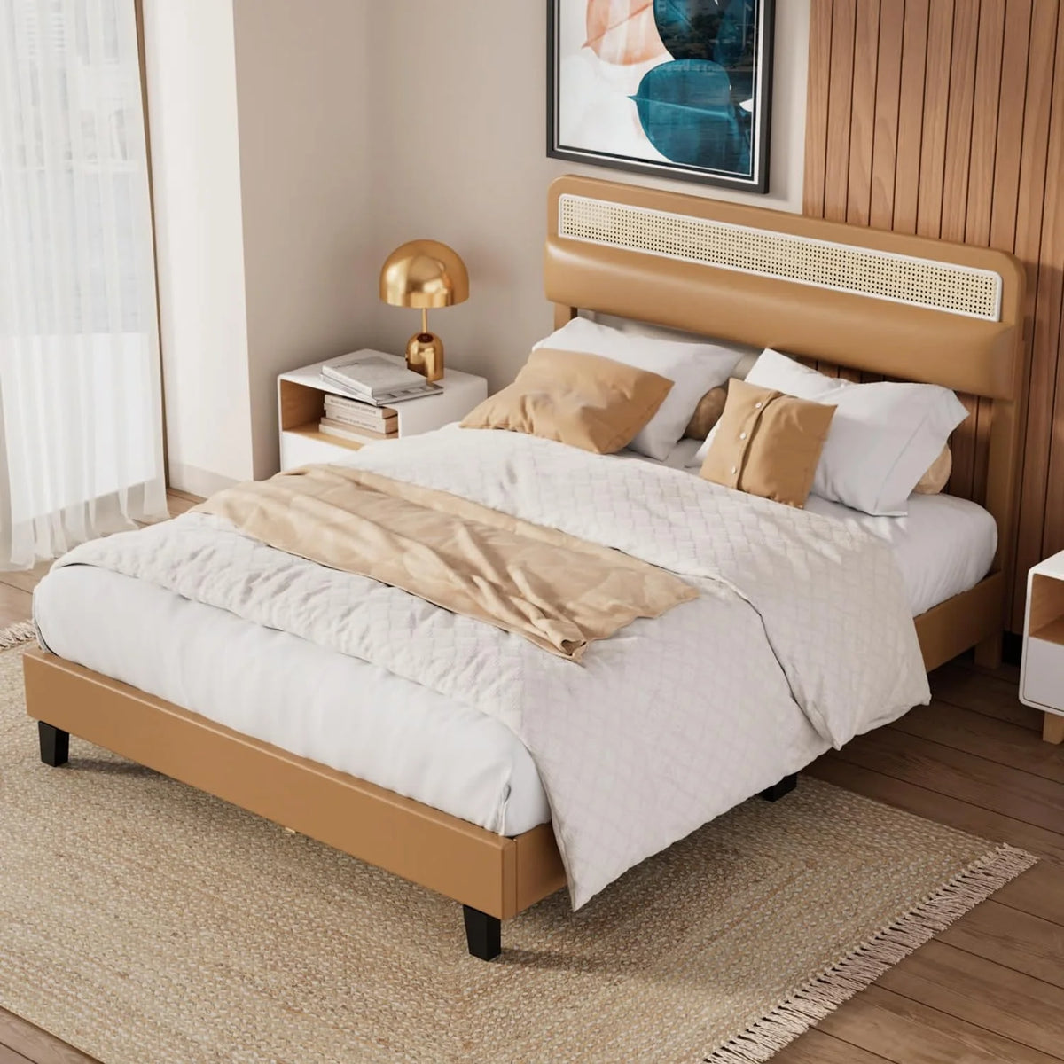 Full Size Upholstered Platform Bed Frame with Rattan Headboard O308