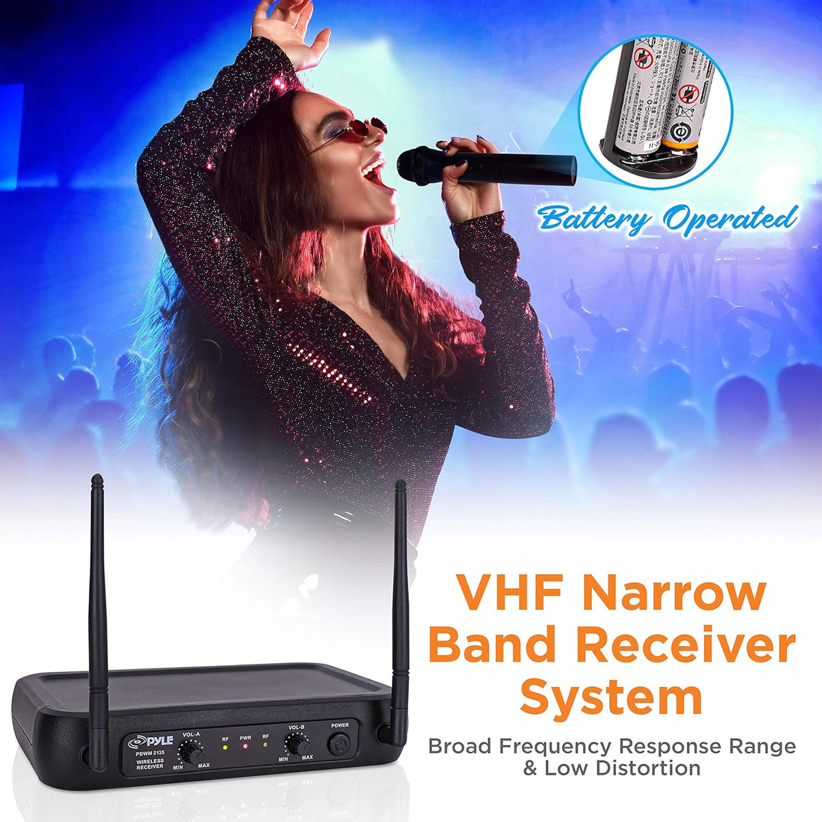 VHF Fixed Dual Frequency Wireless Microphone System with 2 Handheld Dynamic Transmitter Mics, Black W3919