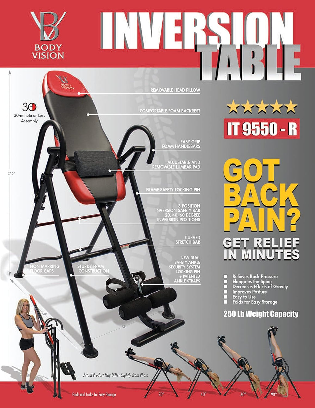 Red Heavy Duty Inversion Table with Adjustable Head Rest & Lumbar Support Pad X5652