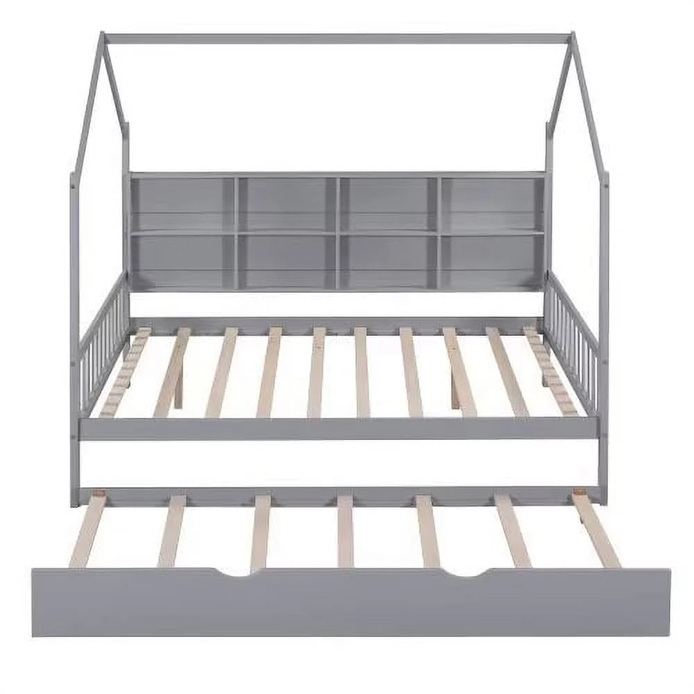 White Full Size Wood House Bed with Trundle and Shelves S670