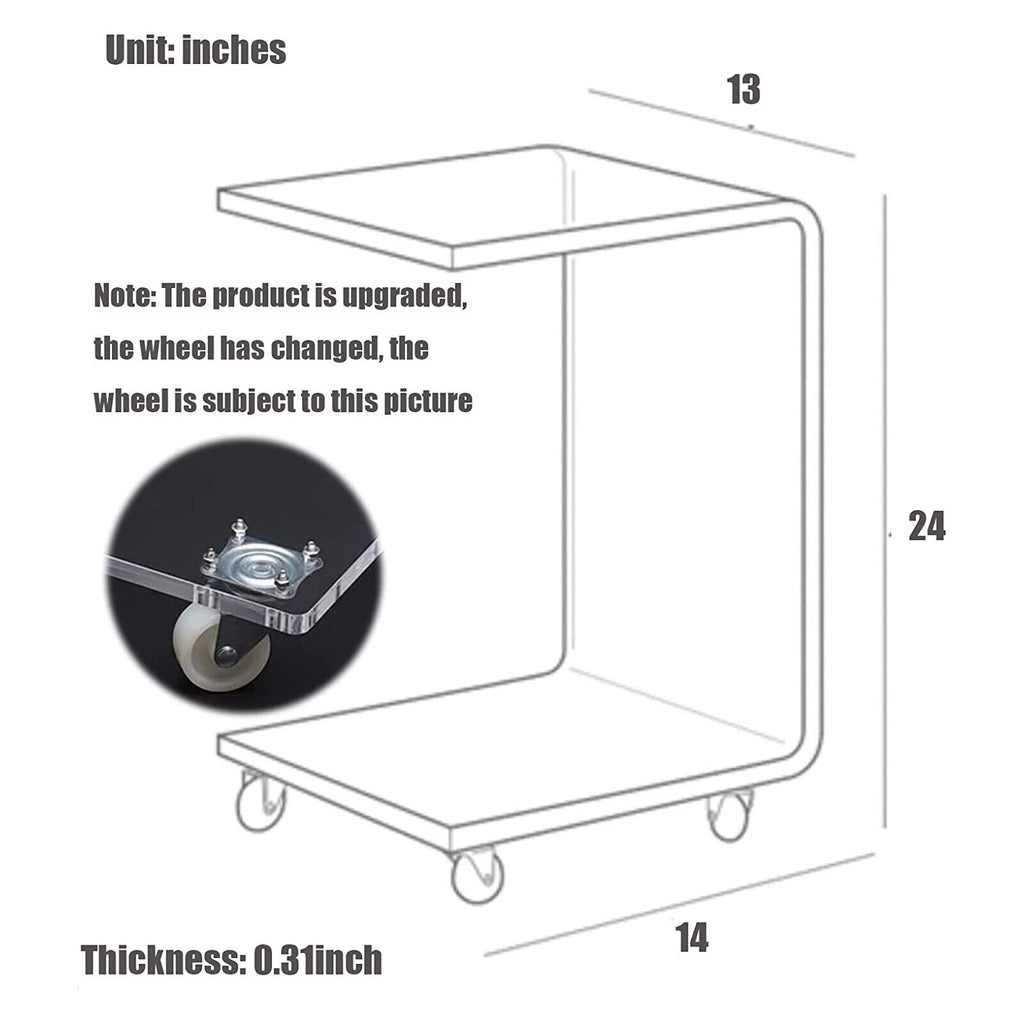 Clear Acrylic C-Shaped Bedside Table on Wheels Z289