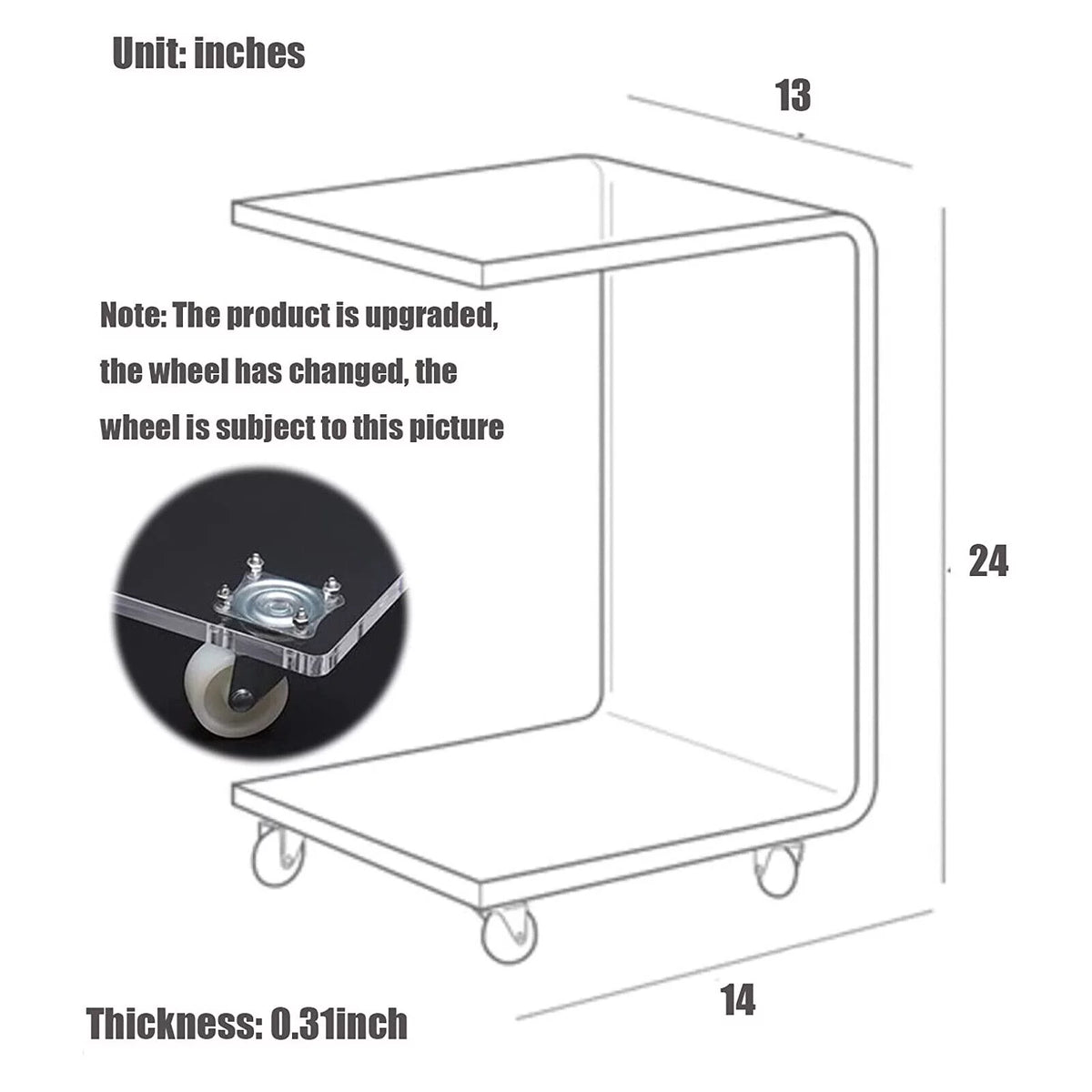 Clear Acrylic C-Shaped Bedside Table on Wheels Z289