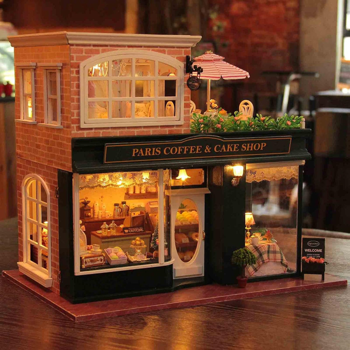 Paris Coffee & Cake Shop Wooden Dollhouse Miniatures DIY Kit with Led Light and Dust Cover G205207