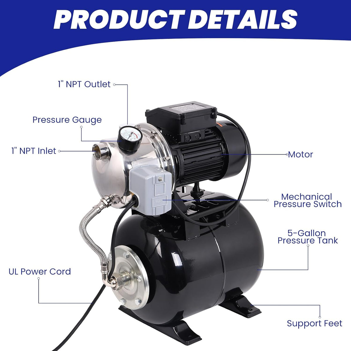 1.6HP Stainless Steel Shallow Well Pump with Pressure Tank M312986