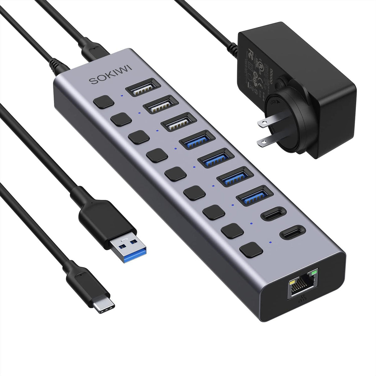 10 Port Aluminum USB Hub with Ethernet, 12V/5A AC Adapter, Pack of 2 O308926