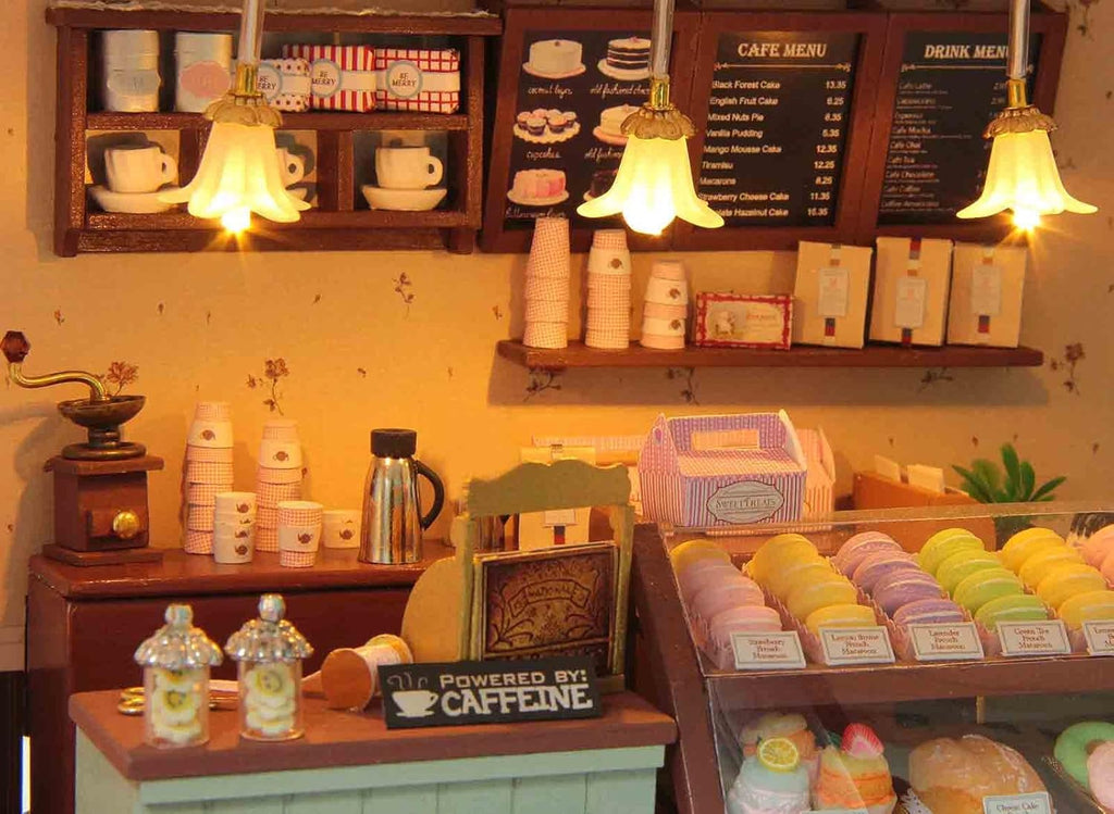 Paris Coffee & Cake Shop Wooden Dollhouse Miniatures DIY Kit with Led Light and Dust Cover G205207