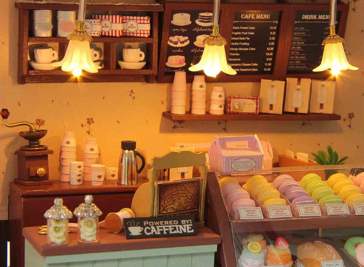 Paris Coffee & Cake Shop Wooden Dollhouse Miniatures DIY Kit with Led Light and Dust Cover G205207