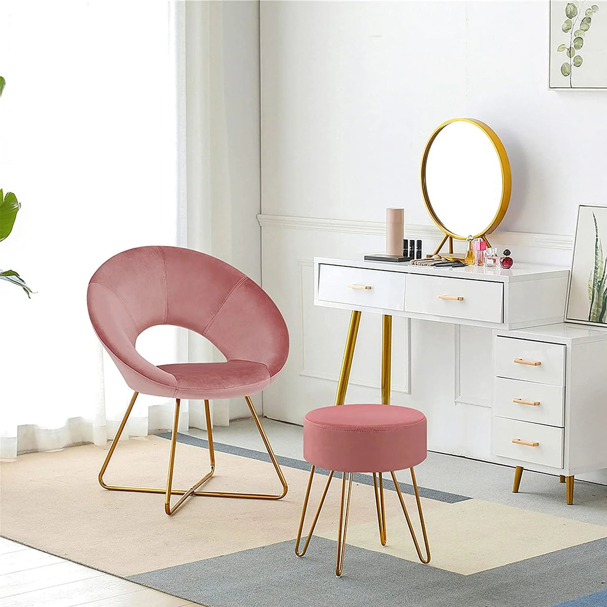 Pink Velvet Upholstered Arm Chair with Golden Metal Frame Legs X8014