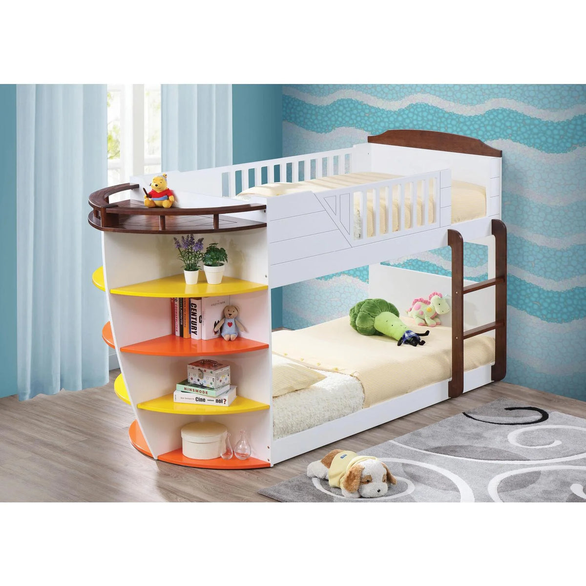 Wooden Twin Bunk Bed with Storage Shelves A602