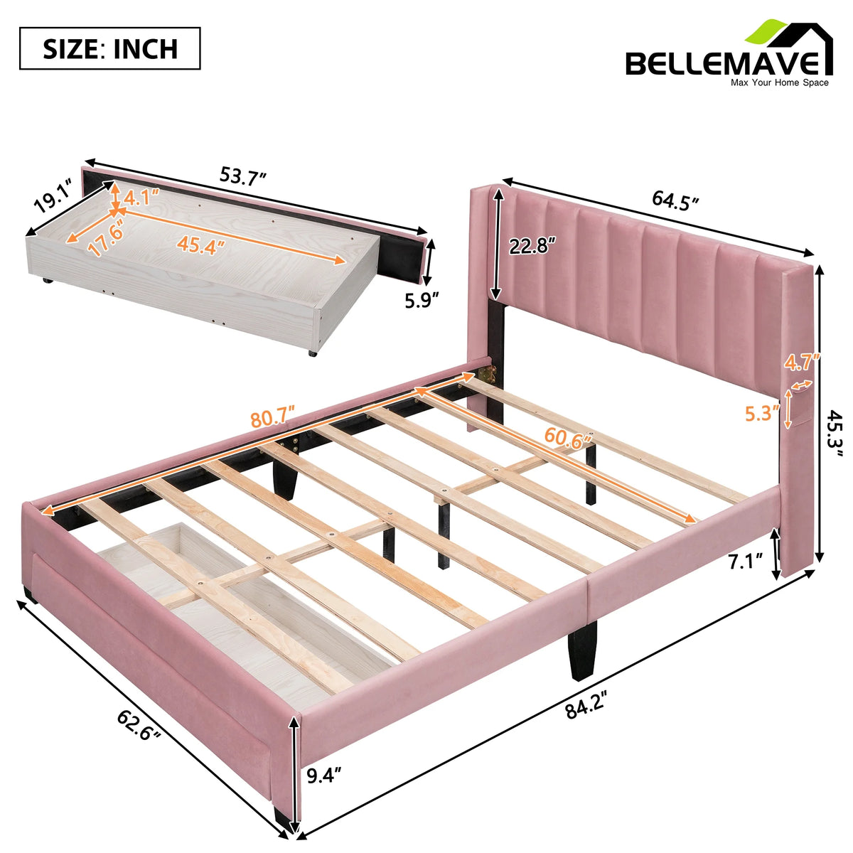 Queen Size Pink Velvet Upholstered Wood Platform Bed with Drawer Z911