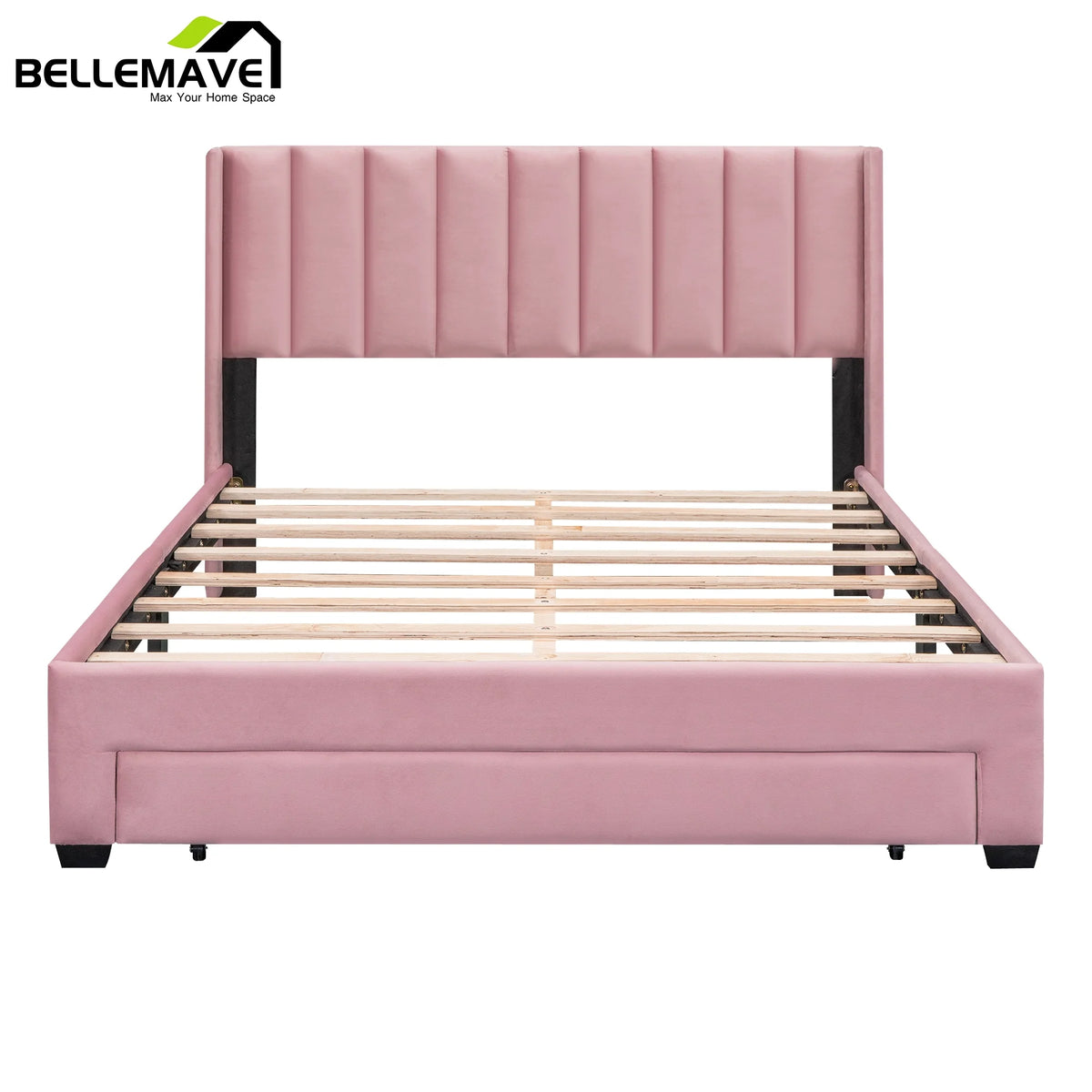Queen Size Pink Velvet Upholstered Wood Platform Bed with Drawer Z911