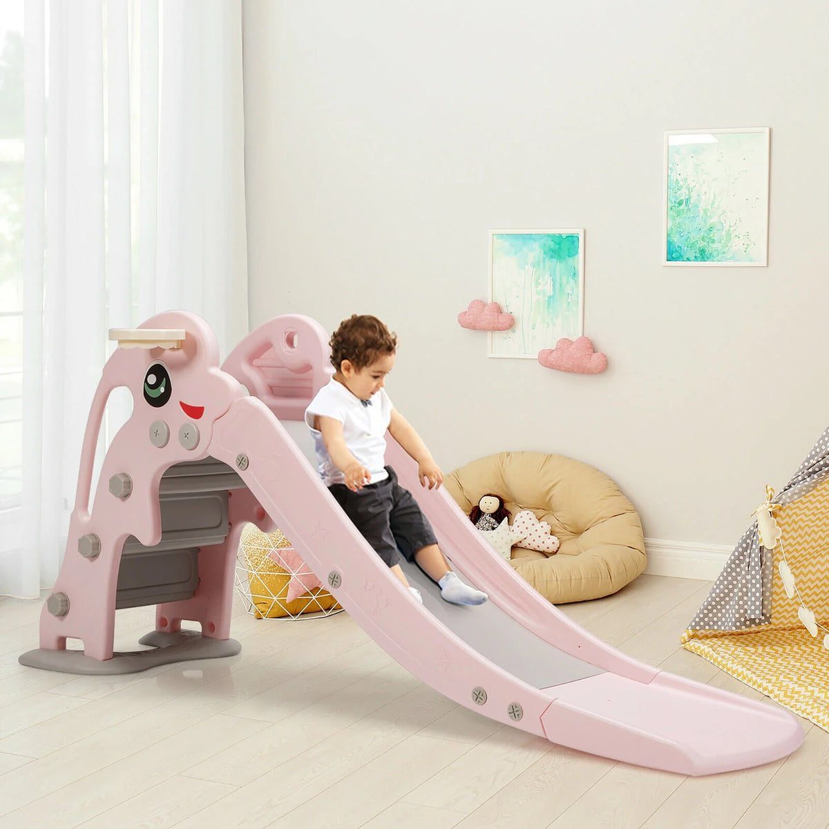 3-in-1 Kids Climber Slide Play Set with Basketball Hoop Green W3885