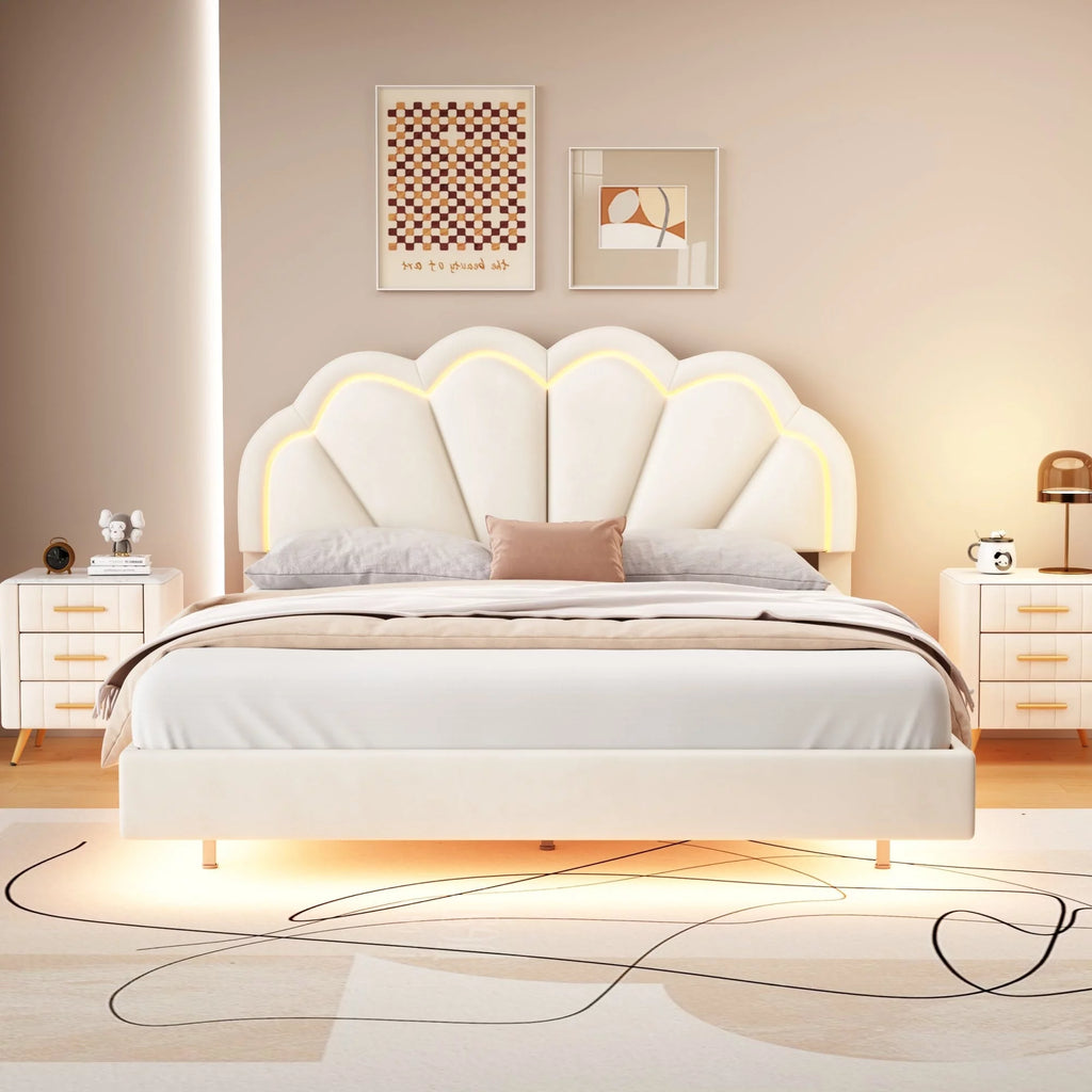 Queen Size Platform Bed Frame with LED - Beige U525334