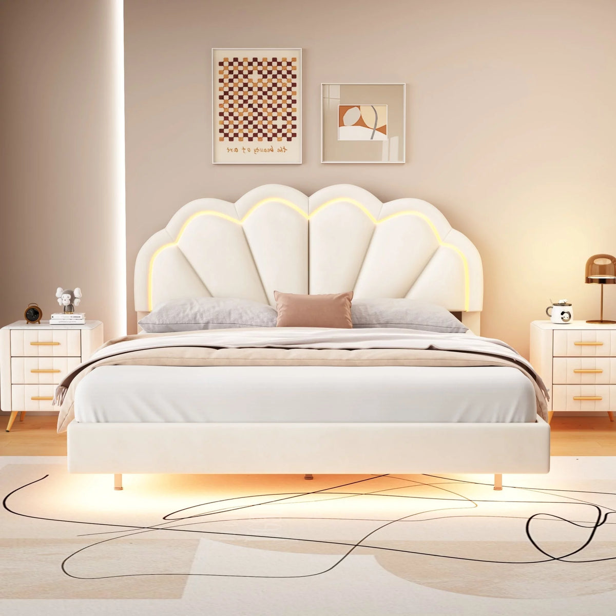 Queen Size Platform Bed Frame with LED - Beige U525334