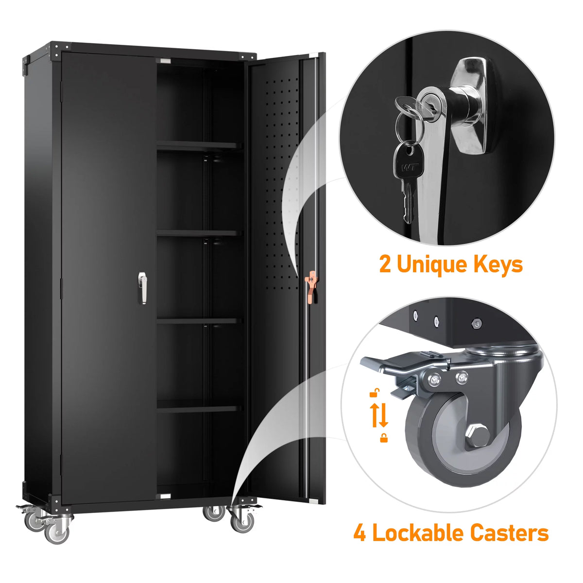 Black Metal Storage Cabinet with Wheels and Pegboard S833218