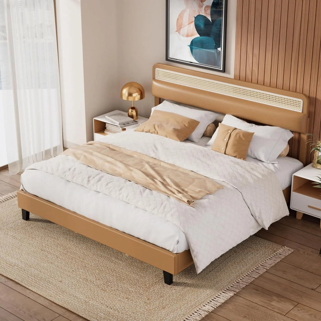Full Size Upholstered Platform Bed Frame with Rattan Headboard O308