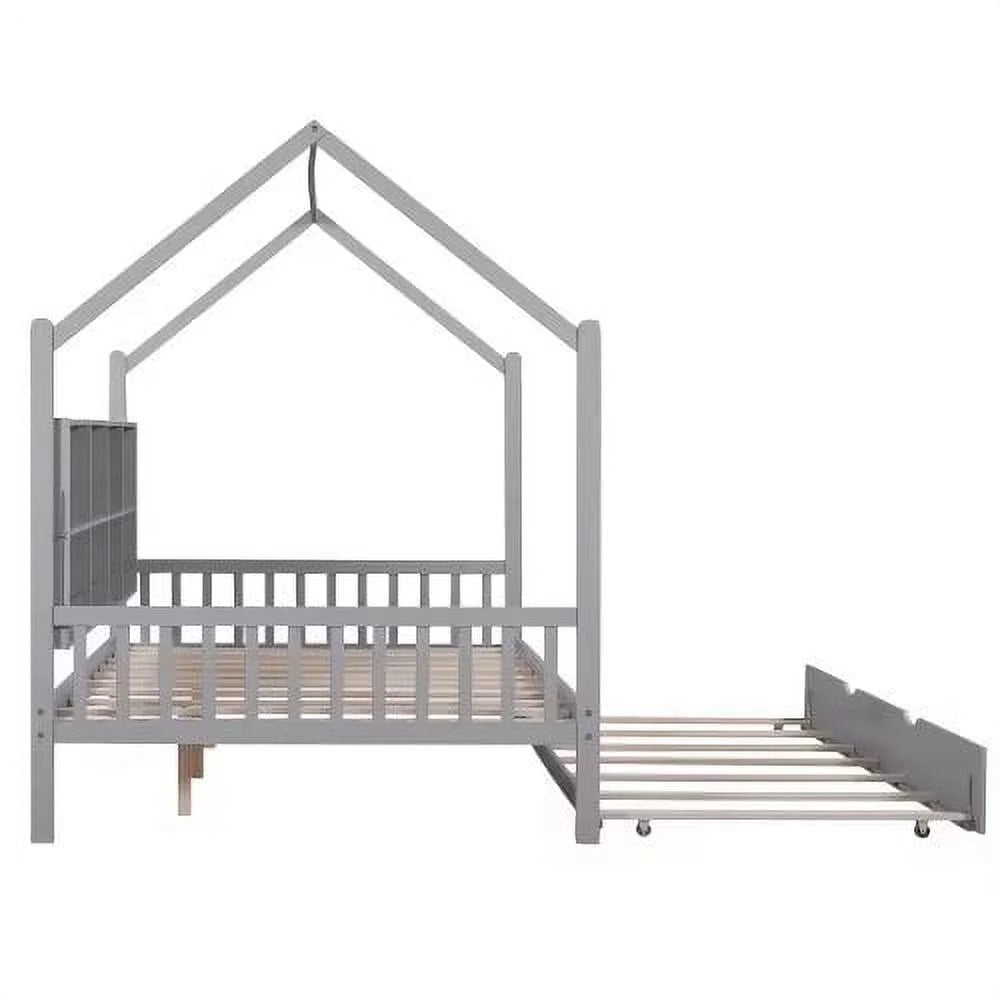 White Full Size Wood House Bed with Trundle and Shelves S670