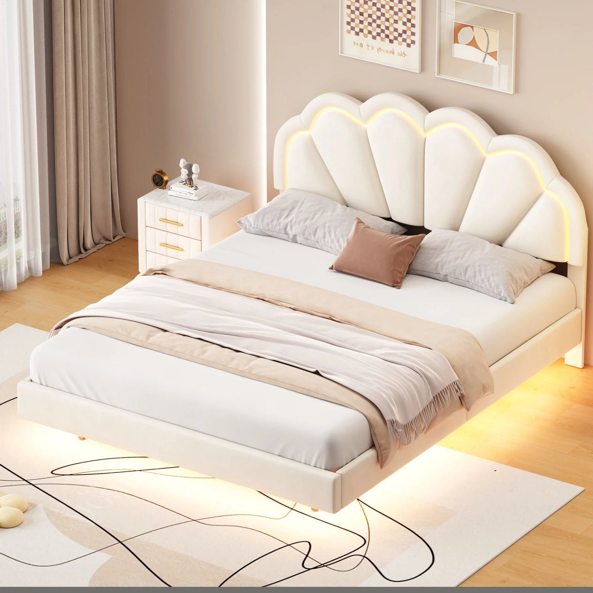 Queen Size Platform Bed Frame with LED - Beige U525334