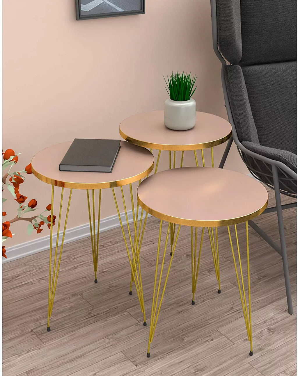 Set of 3 High Gloss Cappuccino Round Nesting Tables with Gold Legs T439