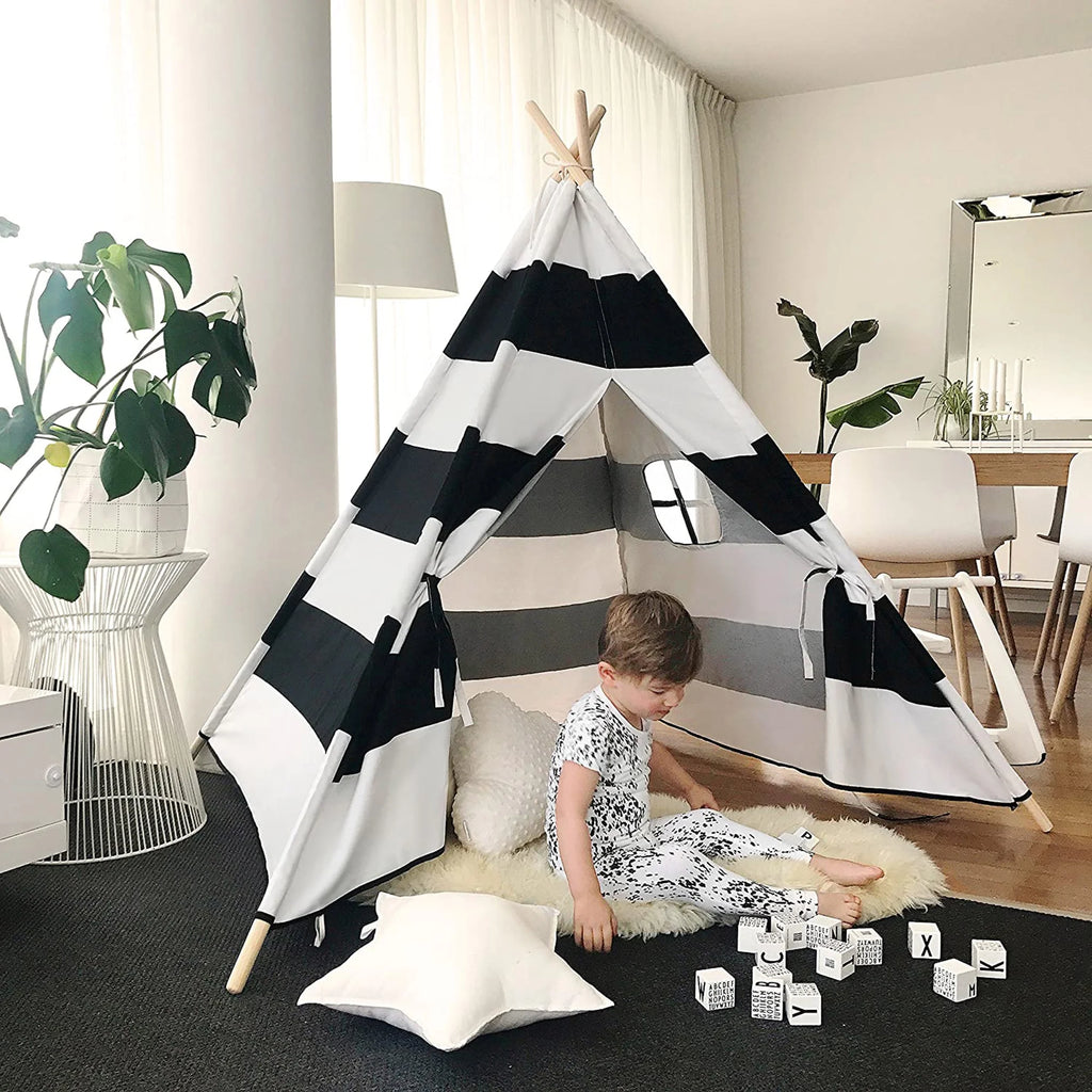 Black White Striped Kids Teepee Canvas Tent Playhouse C83086