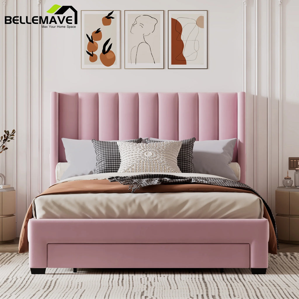 Queen Size Pink Velvet Upholstered Wood Platform Bed with Drawer Z911