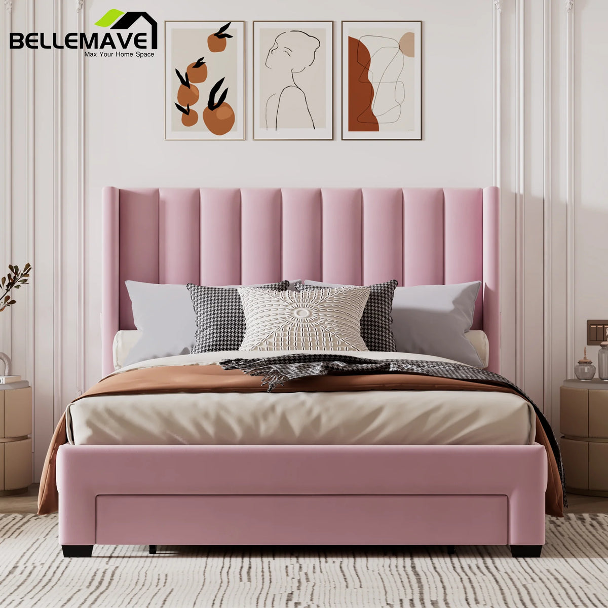 Queen Size Pink Velvet Upholstered Wood Platform Bed with Drawer Z911