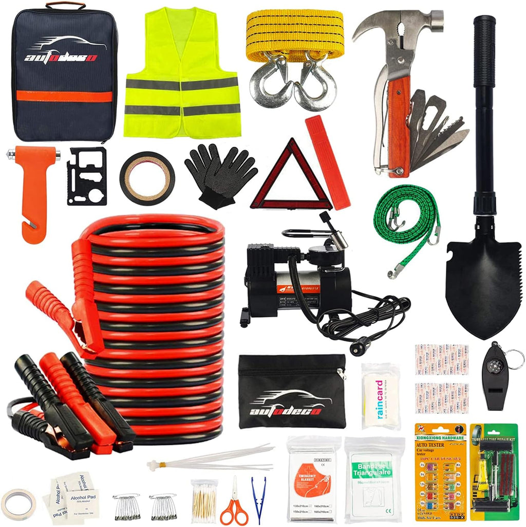118 Pieces Car Emergency Kit with Jumper Cables and Air Compressor K3871