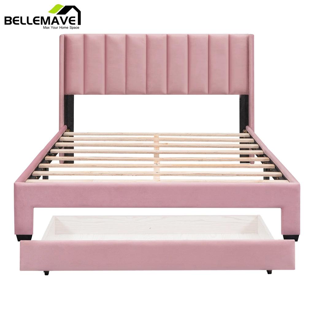 Queen Size Pink Velvet Upholstered Wood Platform Bed with Drawer Z911