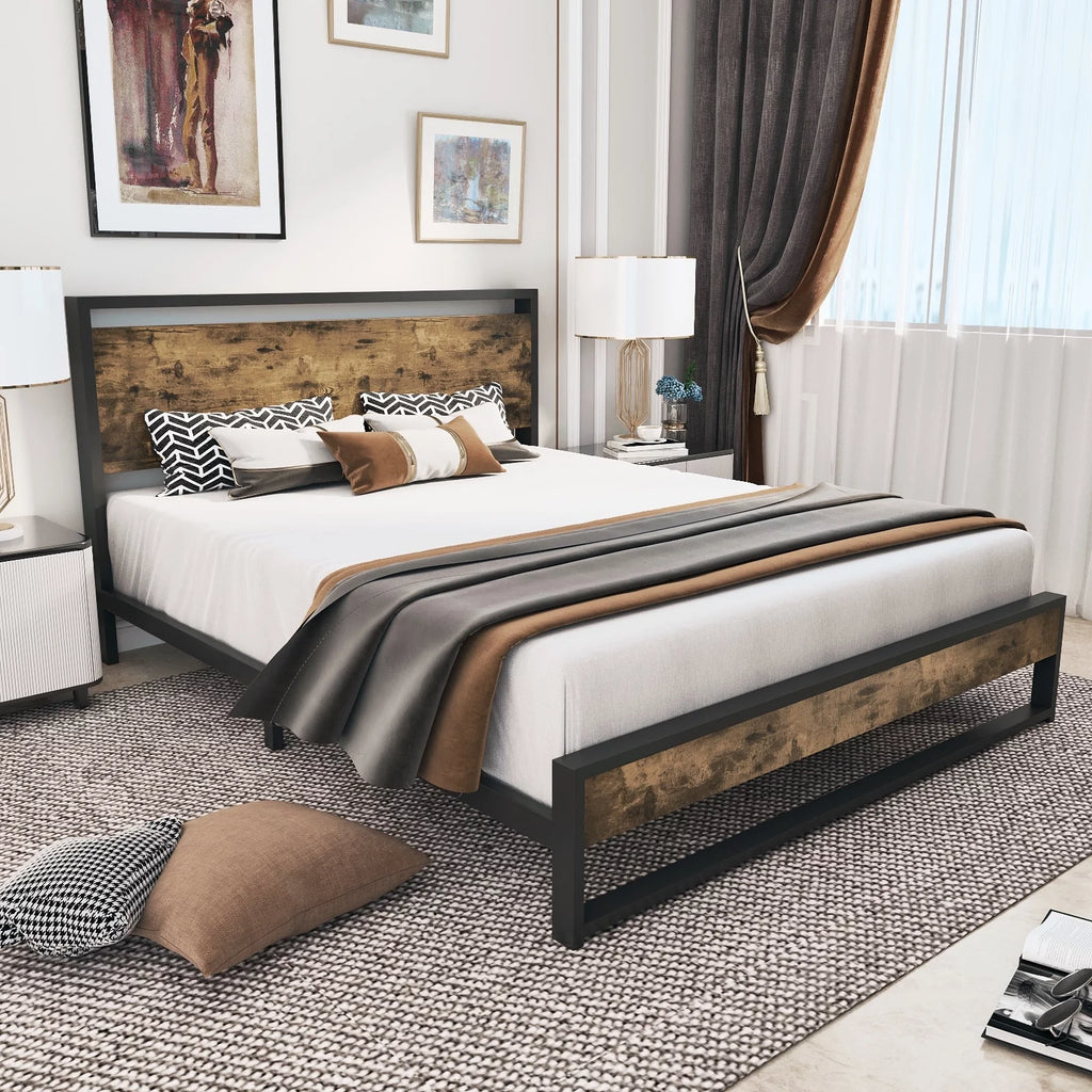 Queen Platform Bed Frame with Wooden Headboard and Steel Slats H2442