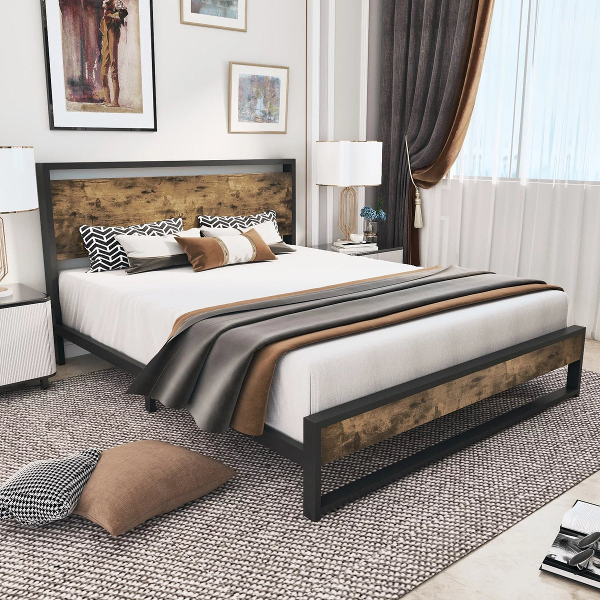 Queen Platform Bed Frame with Wooden Headboard and Steel Slats H2442