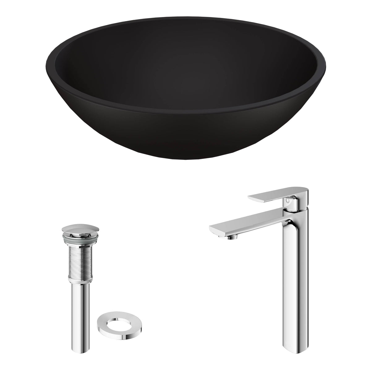 15 inch Vessel Bathroom Sink and Vessel Faucet Set in Chrome with Pop-Up Drain E8301