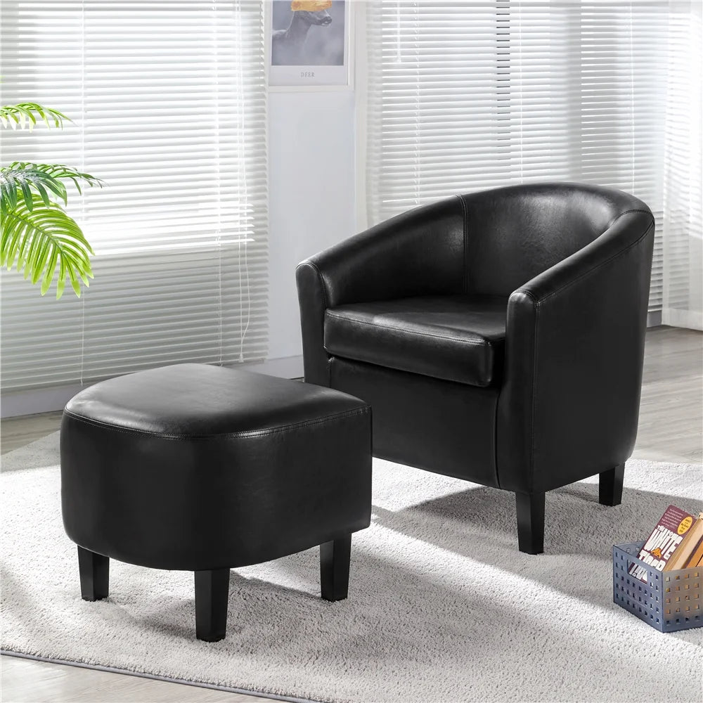 Black Faux Leather Accent Chair and Ottoman Set I89391