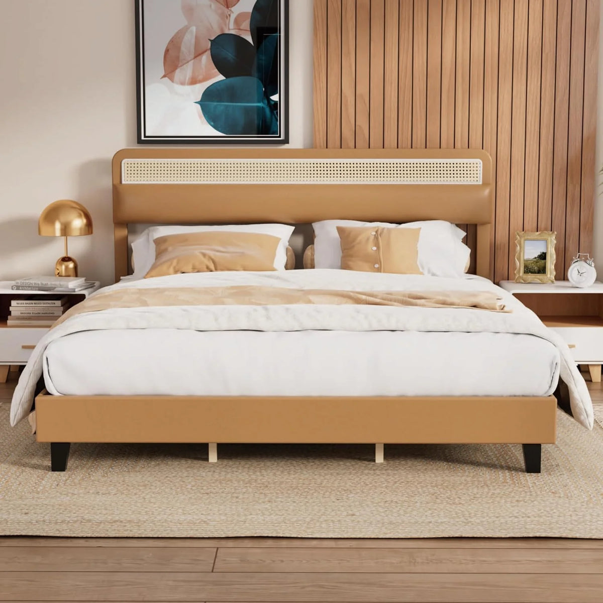 Full Size Upholstered Platform Bed Frame with Rattan Headboard O308