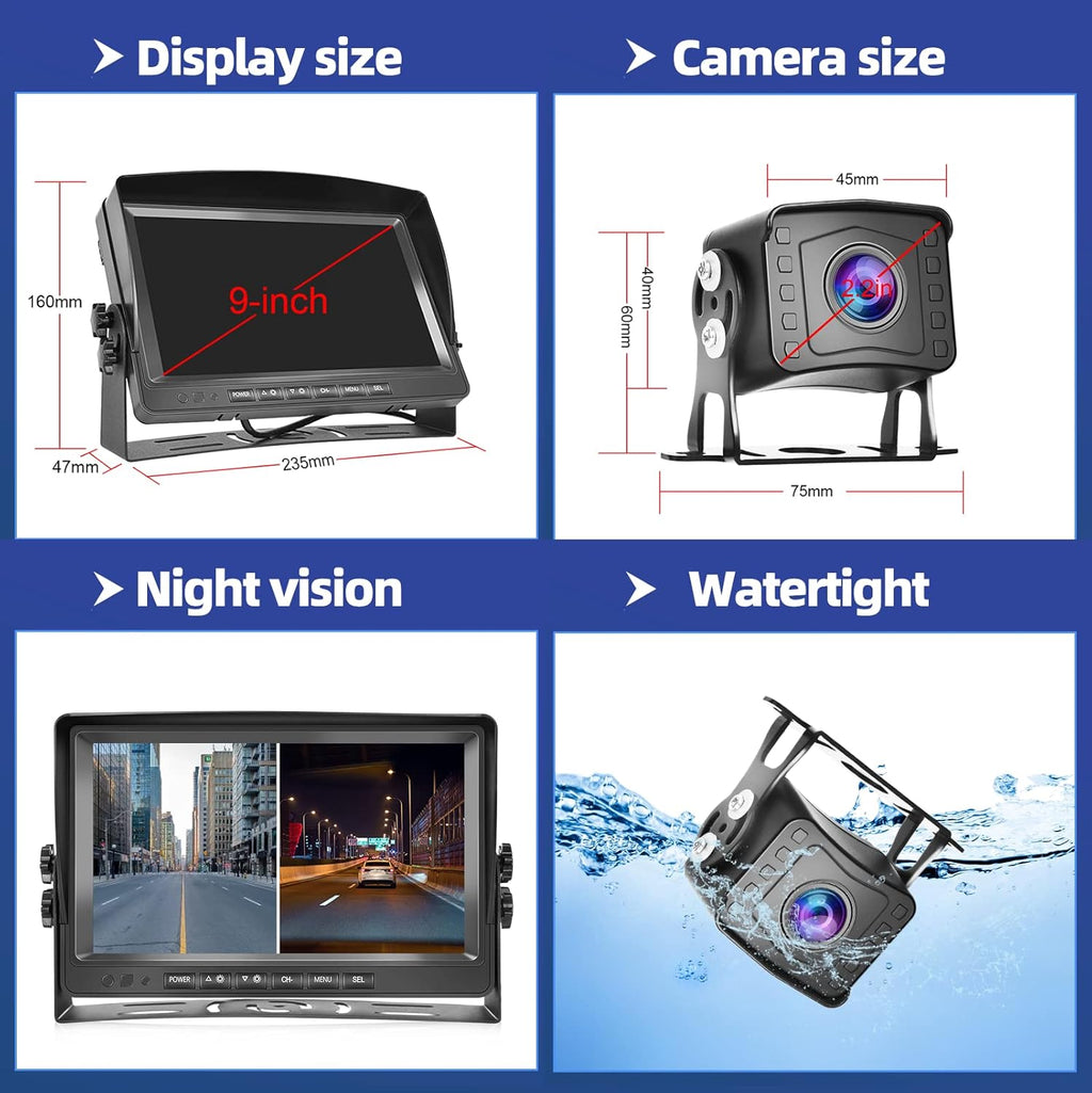9 Inch HD 1080P Split Screen DVR Monitor Wired Rear View Camera O83076