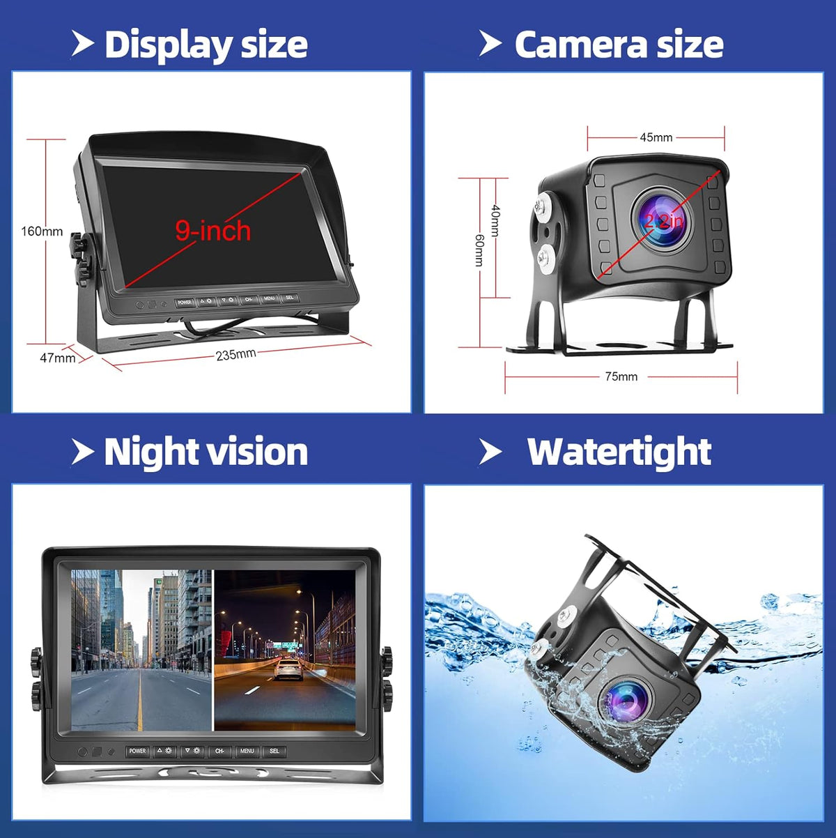 9 Inch HD 1080P Split Screen DVR Monitor Wired Rear View Camera O83076