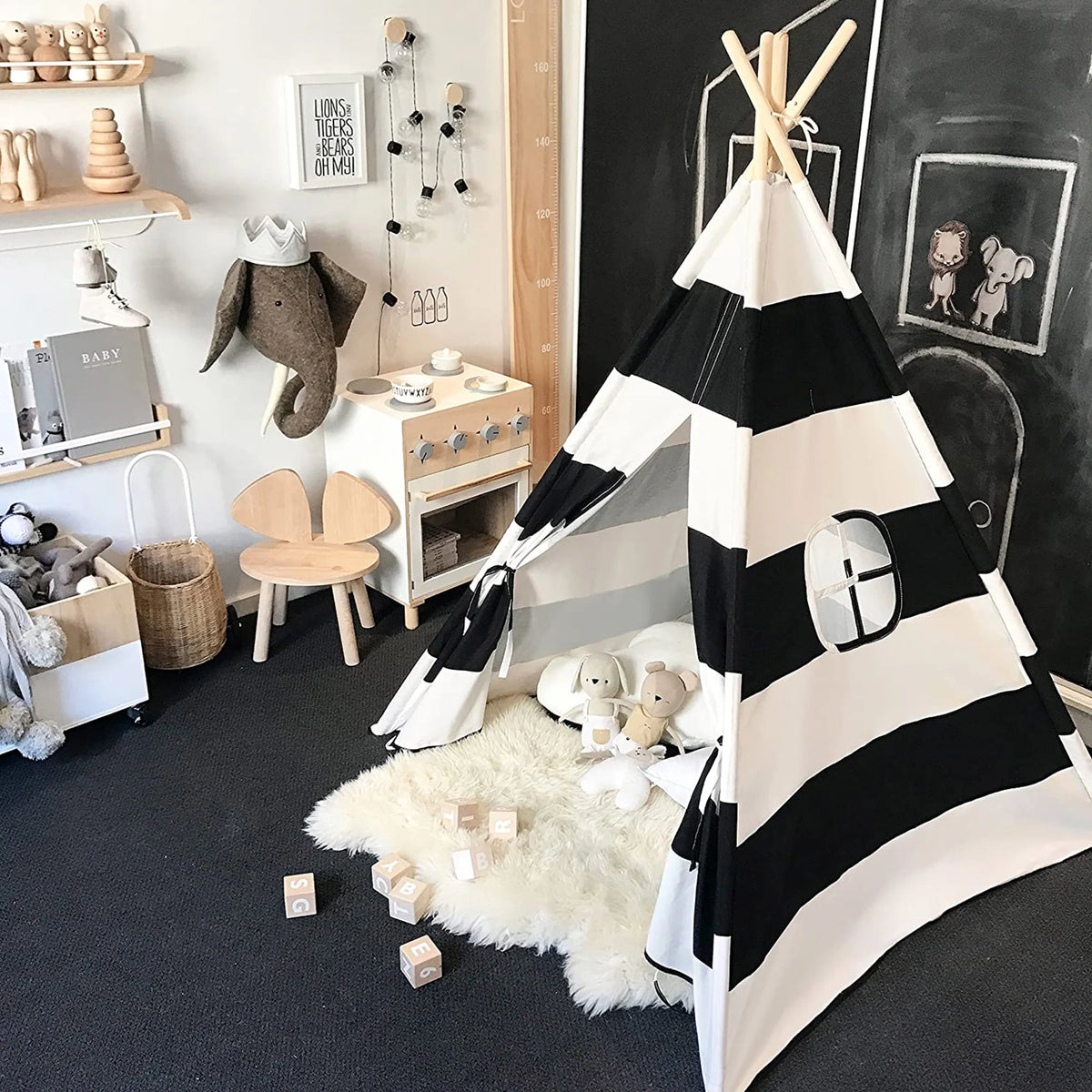 Black White Striped Kids Teepee Canvas Tent Playhouse C83086