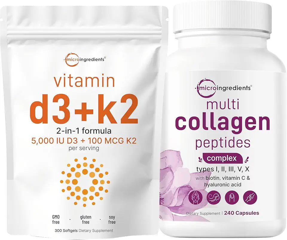 Vitamin D3 5,000iu + K2 100mcg Softgels & Multi Collagen Complex 240 Capsules 2 Pack Y35299