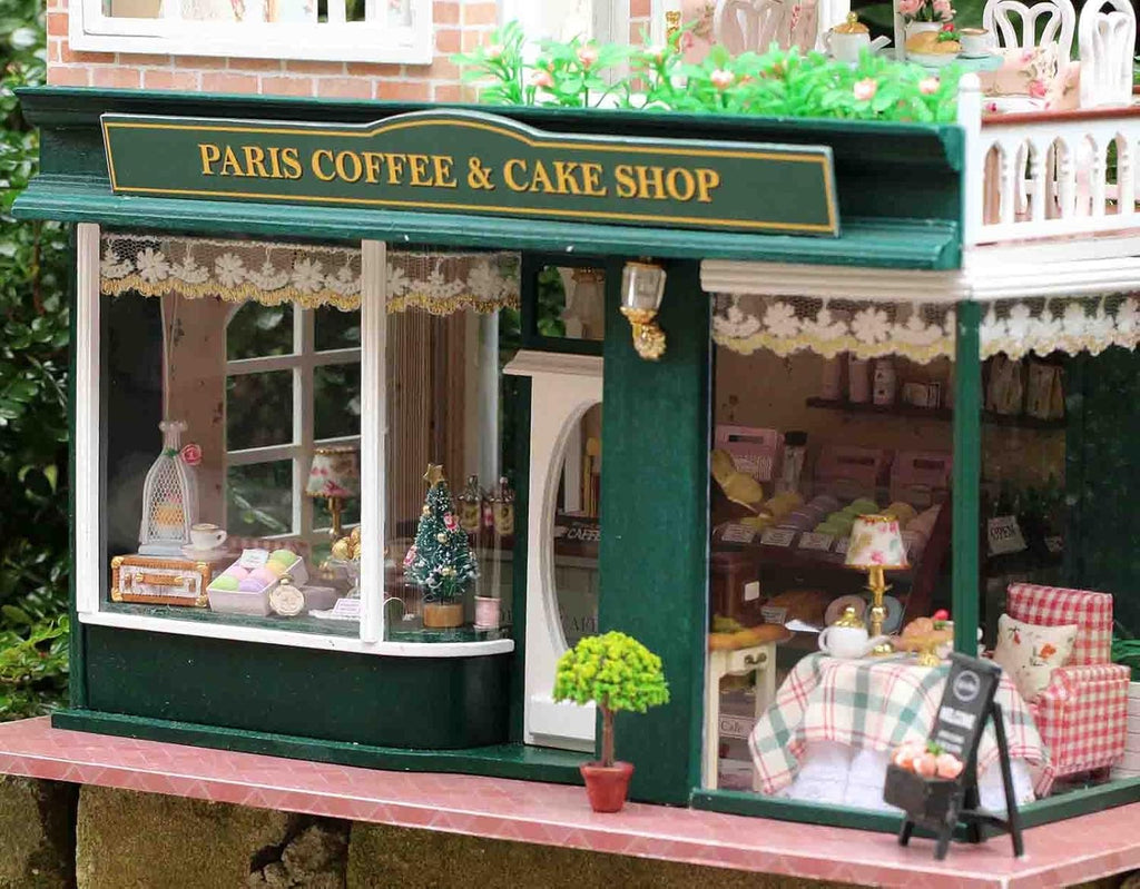 Paris Coffee & Cake Shop Wooden Dollhouse Miniatures DIY Kit with Led Light and Dust Cover G205207