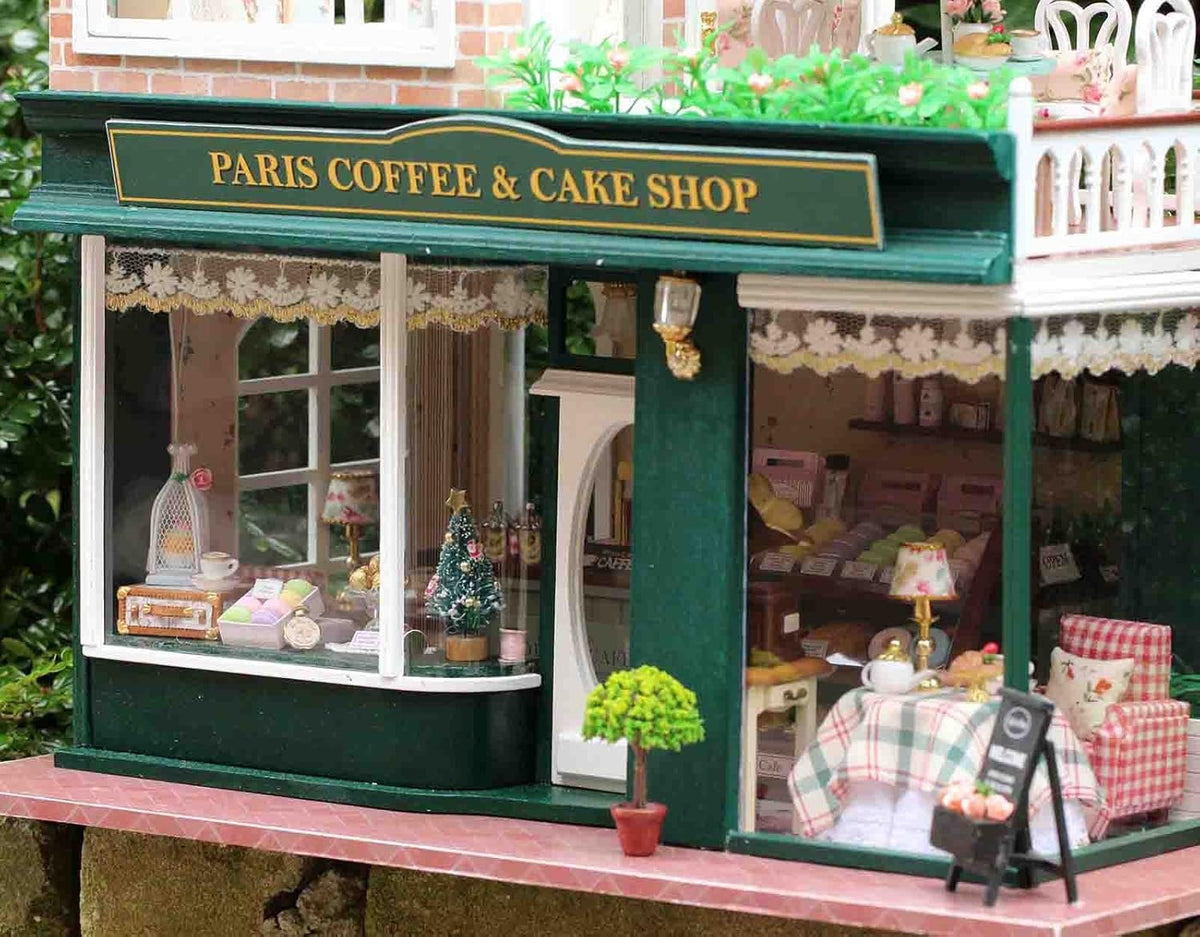 Paris Coffee & Cake Shop Wooden Dollhouse Miniatures DIY Kit with Led Light and Dust Cover G205207