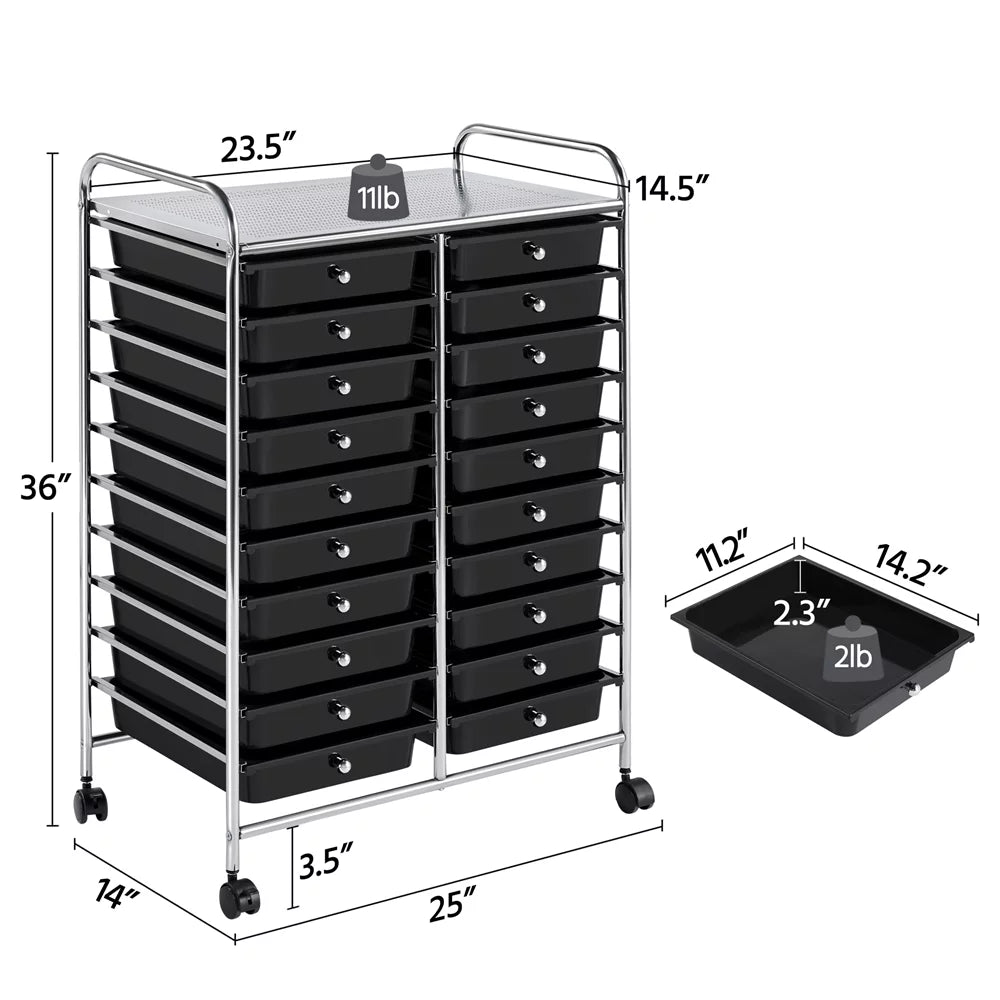 20 Drawers Metal Frame Storage Cart with Lockable Wheels, Black T72369