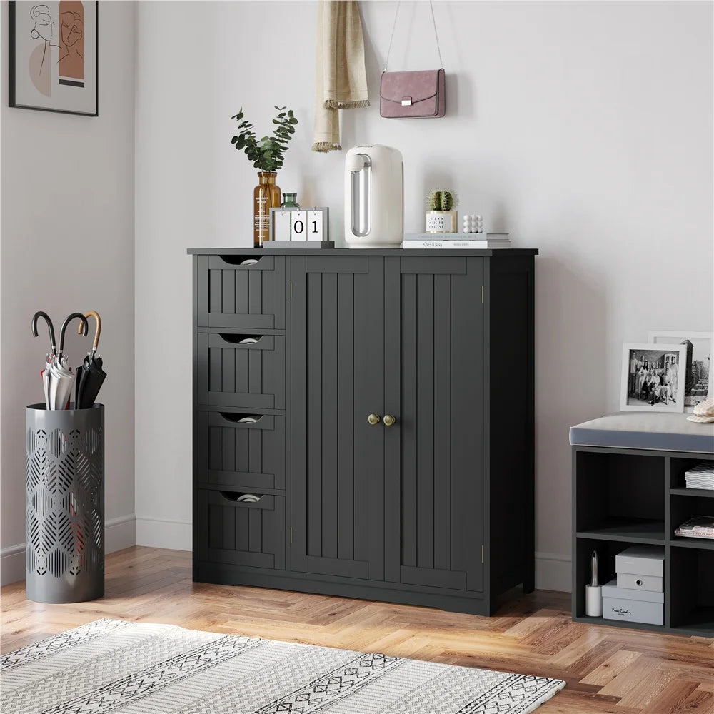 Black 4 Drawer Wooden Floor Storage Cabinet with Adjustable Shelf O485