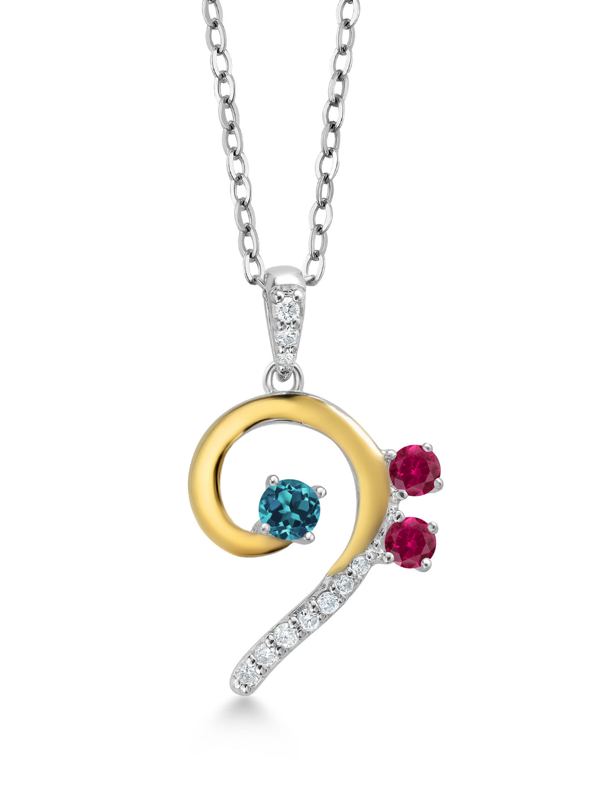 London Blue Topaz Red Created Ruby White Lab Grown Diamond Bass Clef Music Note Pendant Necklace with 18 inch Chain K4058