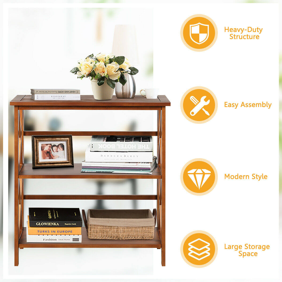 3-Tier Wooden Open Shelf Bookcase Natural G388306